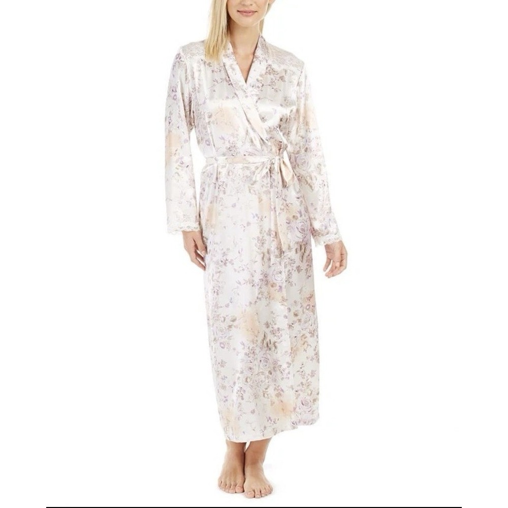 Linea Donatella Floral Satin Long Robe Lace Shoulder Kimono Style S/M⁠ Coquette